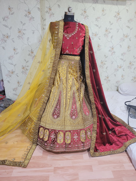 Heavy Pure Lycra Velvet Zarkan Work Golden Colour Double Duppata & Double Cancan Bridal Lehenga Choli