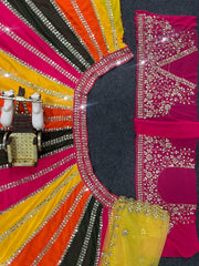 Beautiful Multi Coloured Georgette Real Mirror Embroidery Work Lehenga Choli