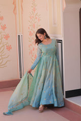 Partywear Gold Organza With Sequins-Multi Embroidered Work Gown