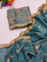 Partywere Soft Silk Satin designer Lace Work Saree