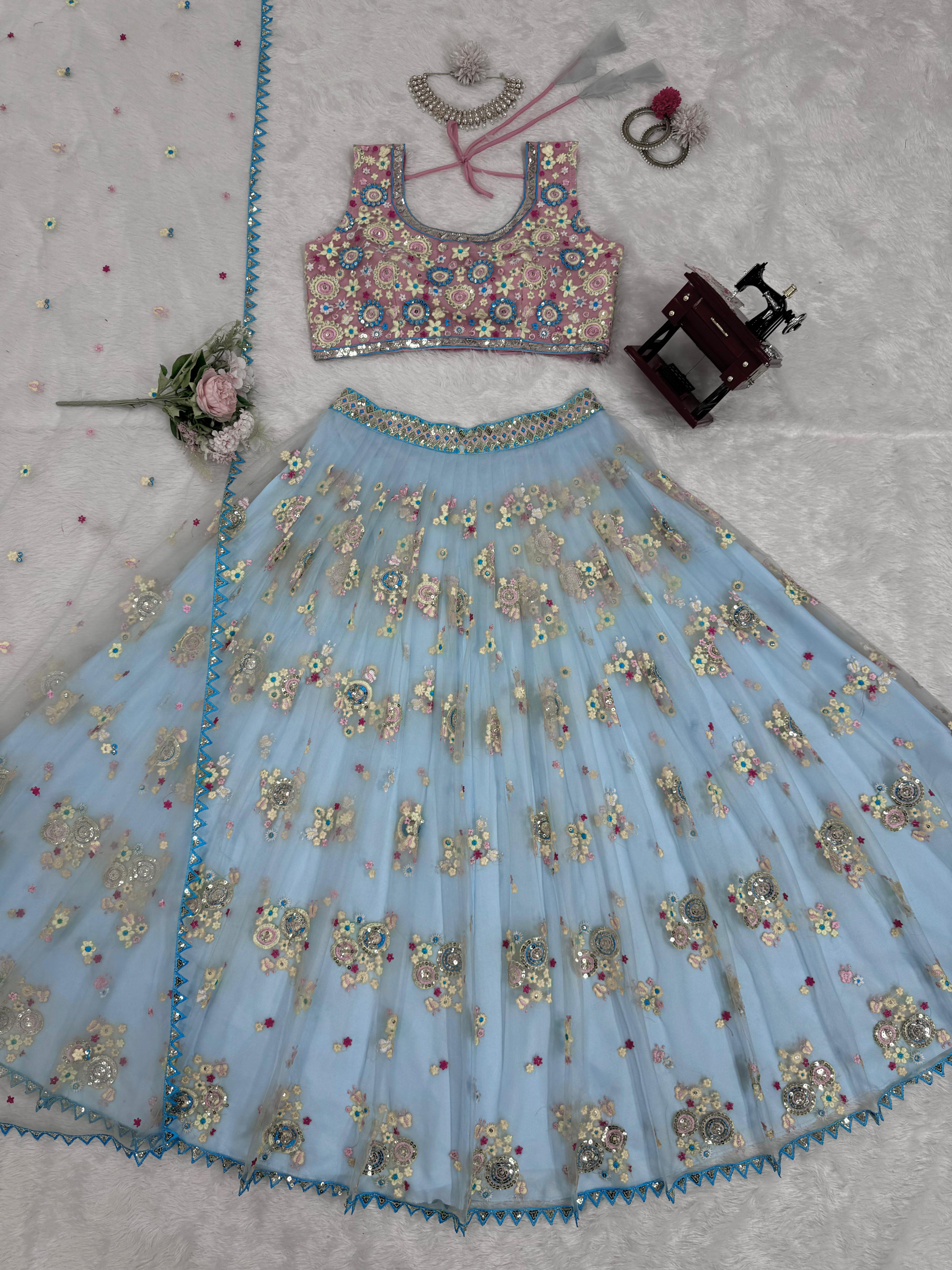 Partywear Sky Blue Butterfly Net Thread With Sequence Work Lehenga Choli