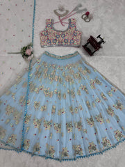 Partywear Sky Blue Butterfly Net Thread With Sequence Work Lehenga Choli