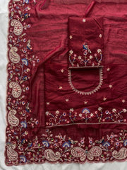Party-wear Soft Tabby Silk Padding Embroidery Cutwork Saree