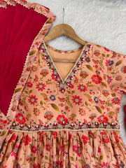 Elegant Floral Digital Printed Chinon Party Wear Gown Set With Dupatta