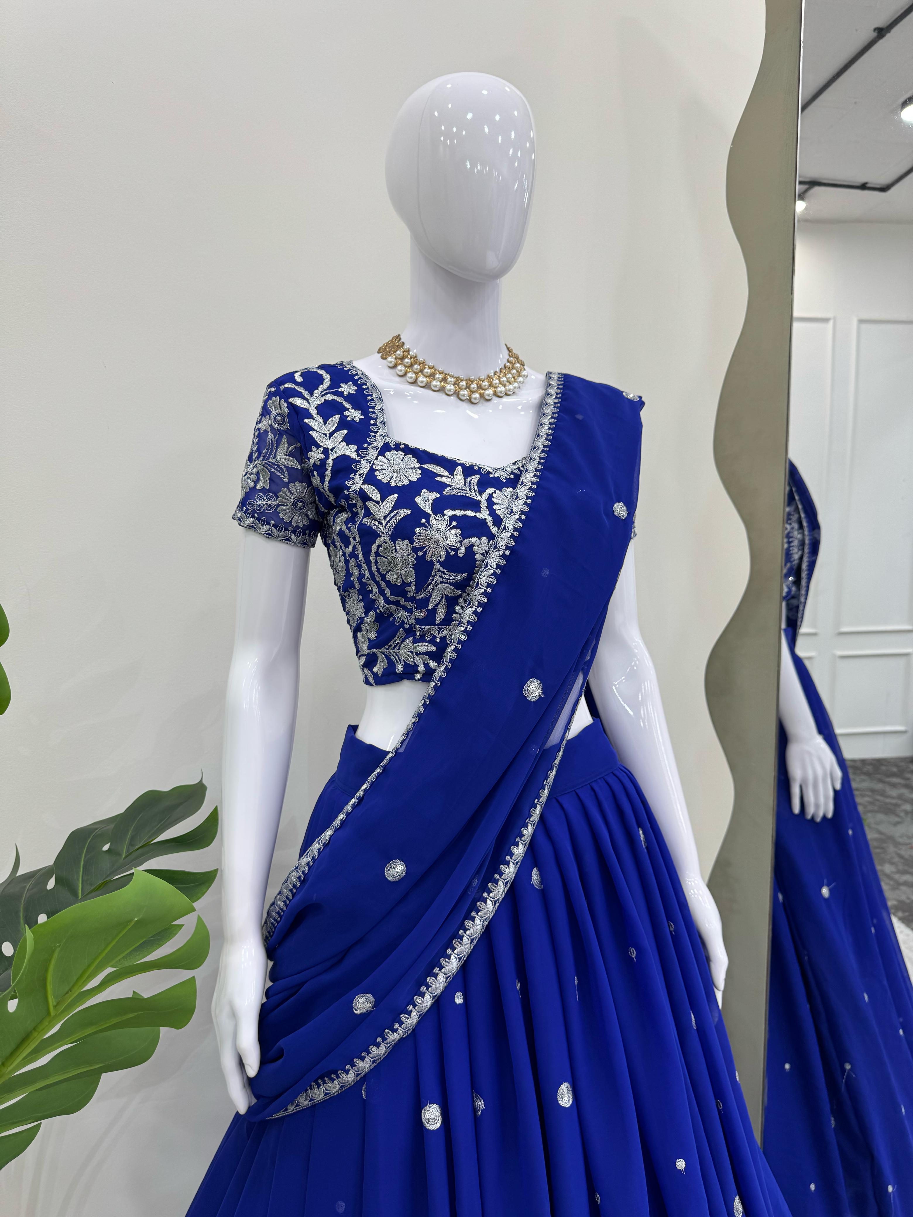 Royal Blue Georgette Thread With Sequence Ready To Wear Ruffle Lehenga Saree