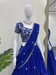 Royal Blue Georgette Thread With Sequence Ready To Wear Ruffle Lehenga Saree