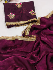 Partywere Soft Silk Satin designer Lace Work Saree