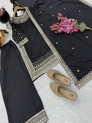 Party-wear Natural Crepe Embroidery Sequence Work Sharara