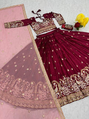 Festival Special Vichitra Silk Embroidery Thread & Sequence Work Lehenga With Stitched Blouse
