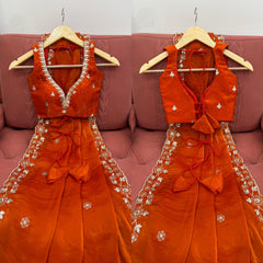 Trending Rust Fendy Silk Thread & Sequence Embroidery Work Saree