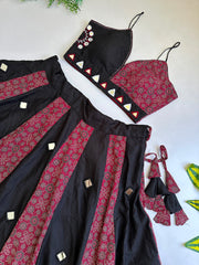 Navratri Special Ajrakh Cotton With Slub Cotton Mirror Work Lehenga With Stitched Blouse