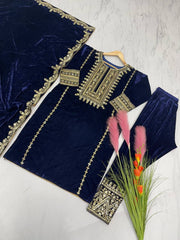 Designer Party-wear Viscose Velvet With Embroidery Sequence Work Suit
