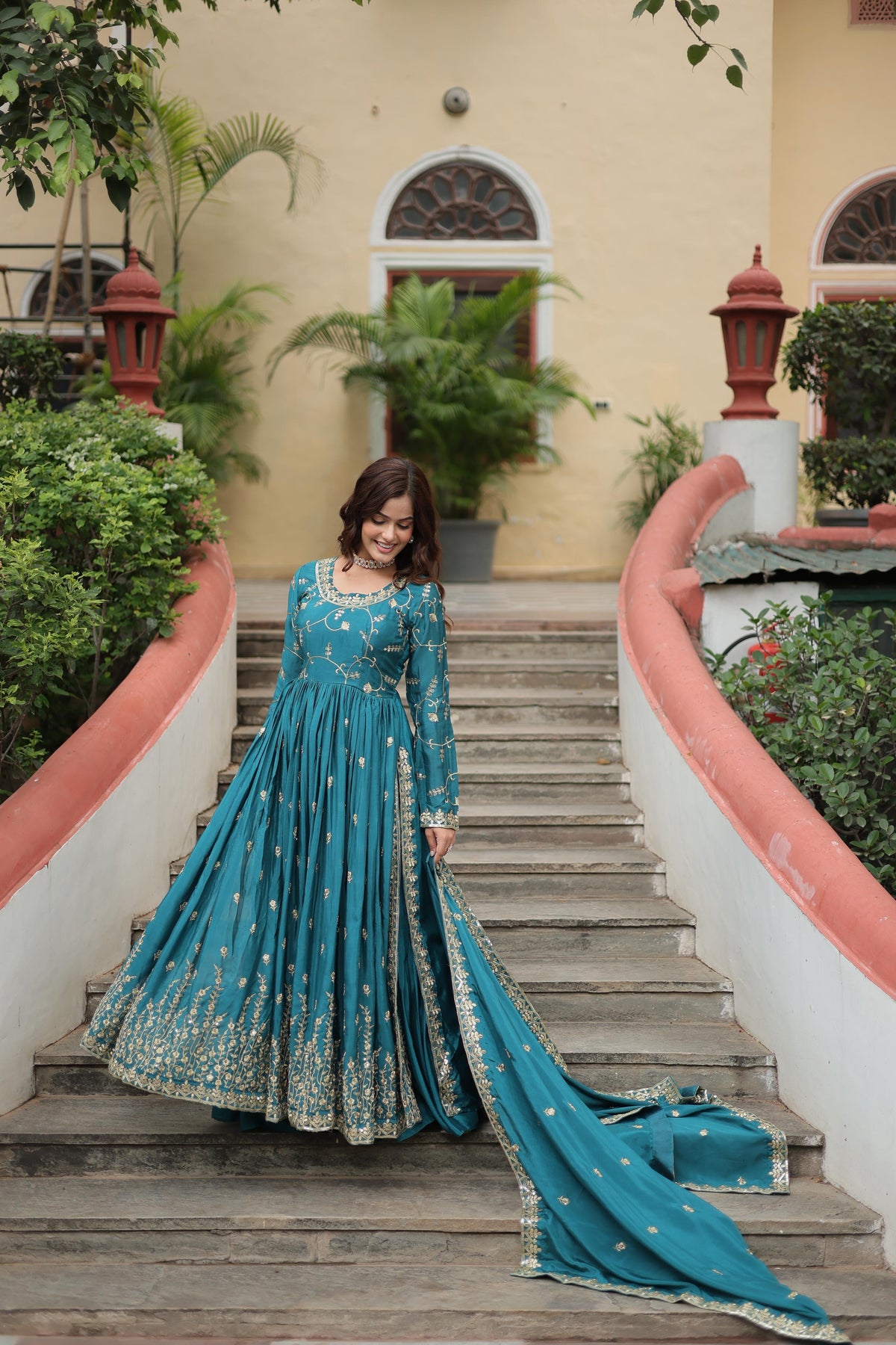 Partywear Chinon Silk Rich Sequence Embroidery Work Fully Stitched Sharara Suit