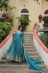 Partywear Chinon Silk Rich Sequence Embroidery Work Fully Stitched Sharara Suit