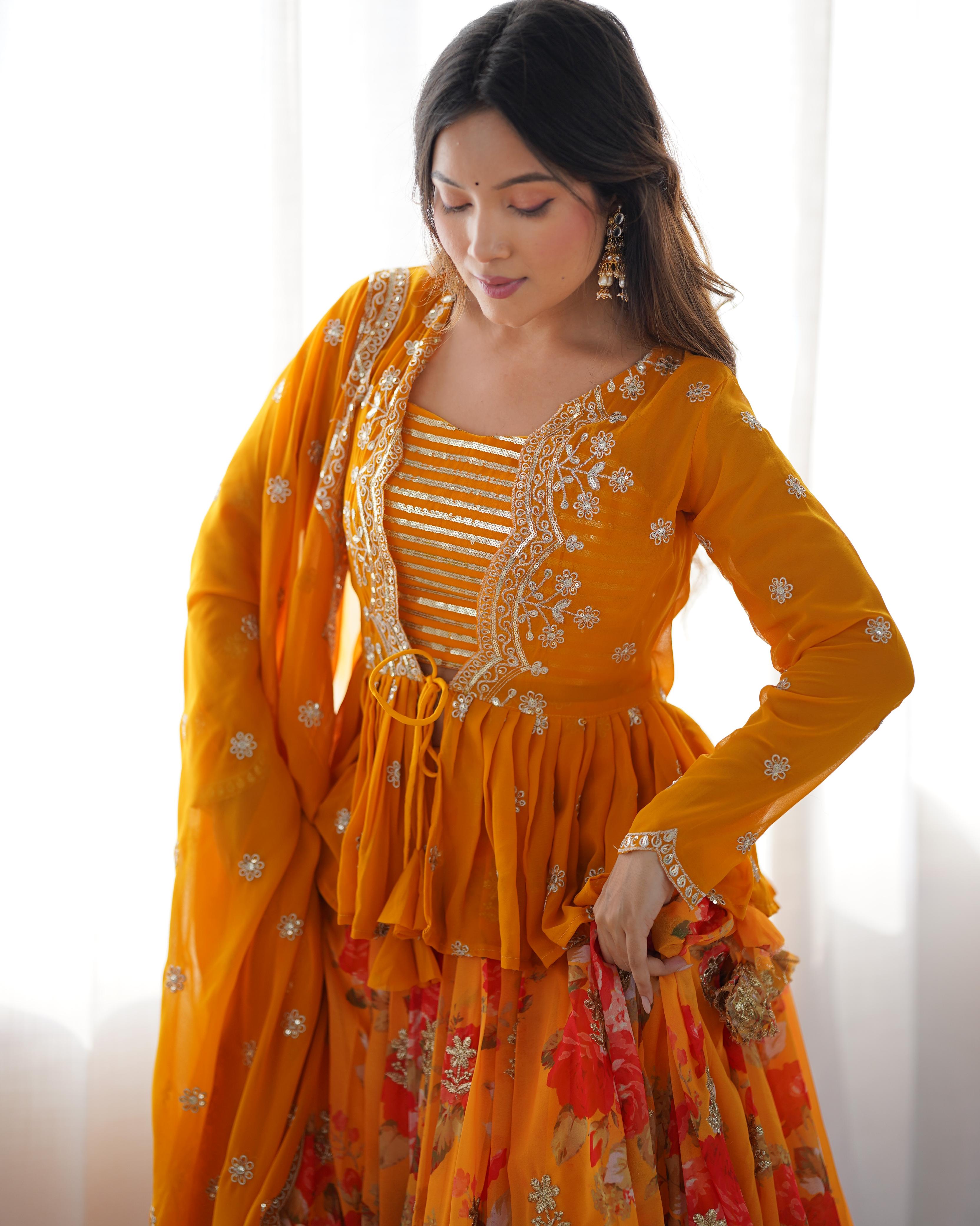 Trendy Stylish Georgette With Digital Printed Yellow Lehenga Choli