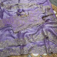Party-wear Fendy Satin Silk Embroidery & Sequence Work Saree With Stitched Blouse