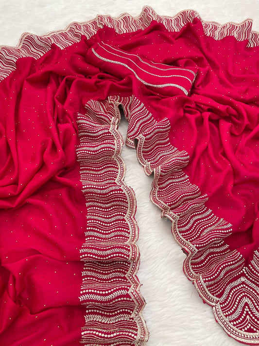 Beautiful Vichitra Silk Zari Work & Stone Work Saree