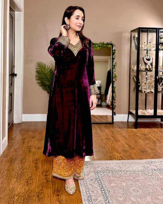 Winter Special Velvet Sequence Embroidery Work Real Mirror Work Suit