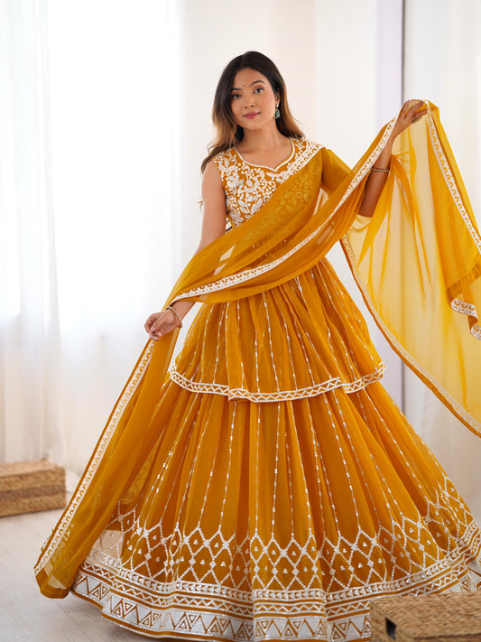 Beautiful Party-wear Georgette Thread With Sequence Work Lehenga With Top