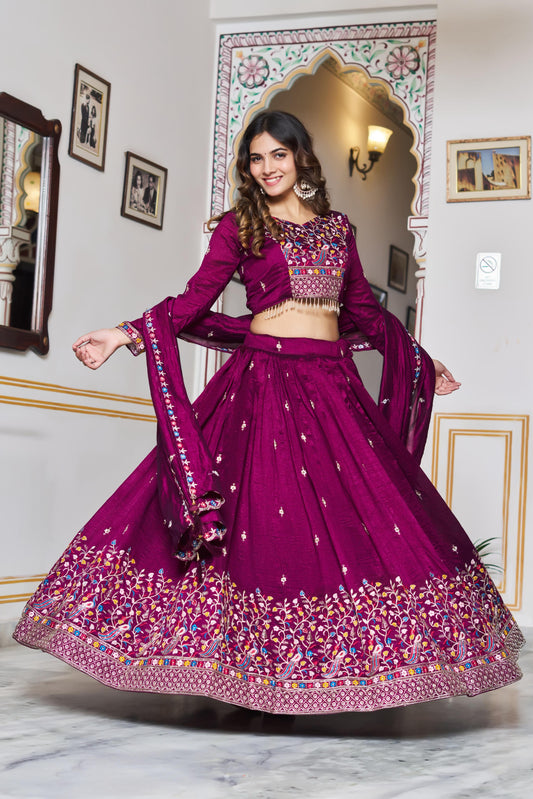 Wedding Special Vichitra Silk Embroidery Sequence Beads & Thread Work Lehenga With Stitched Blouse