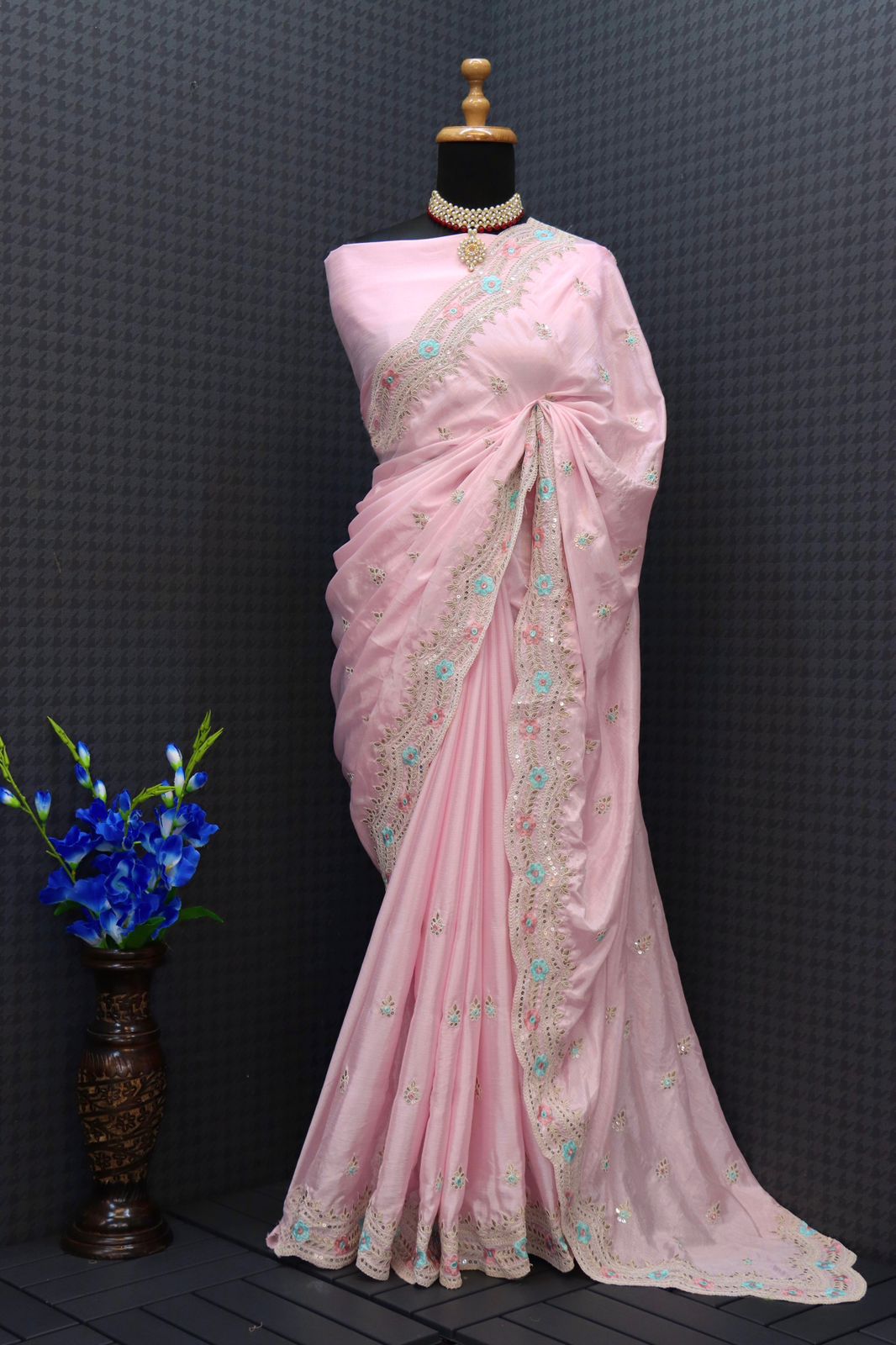 Diamond Chinon Silk with Heavy Embroidery Work Saree