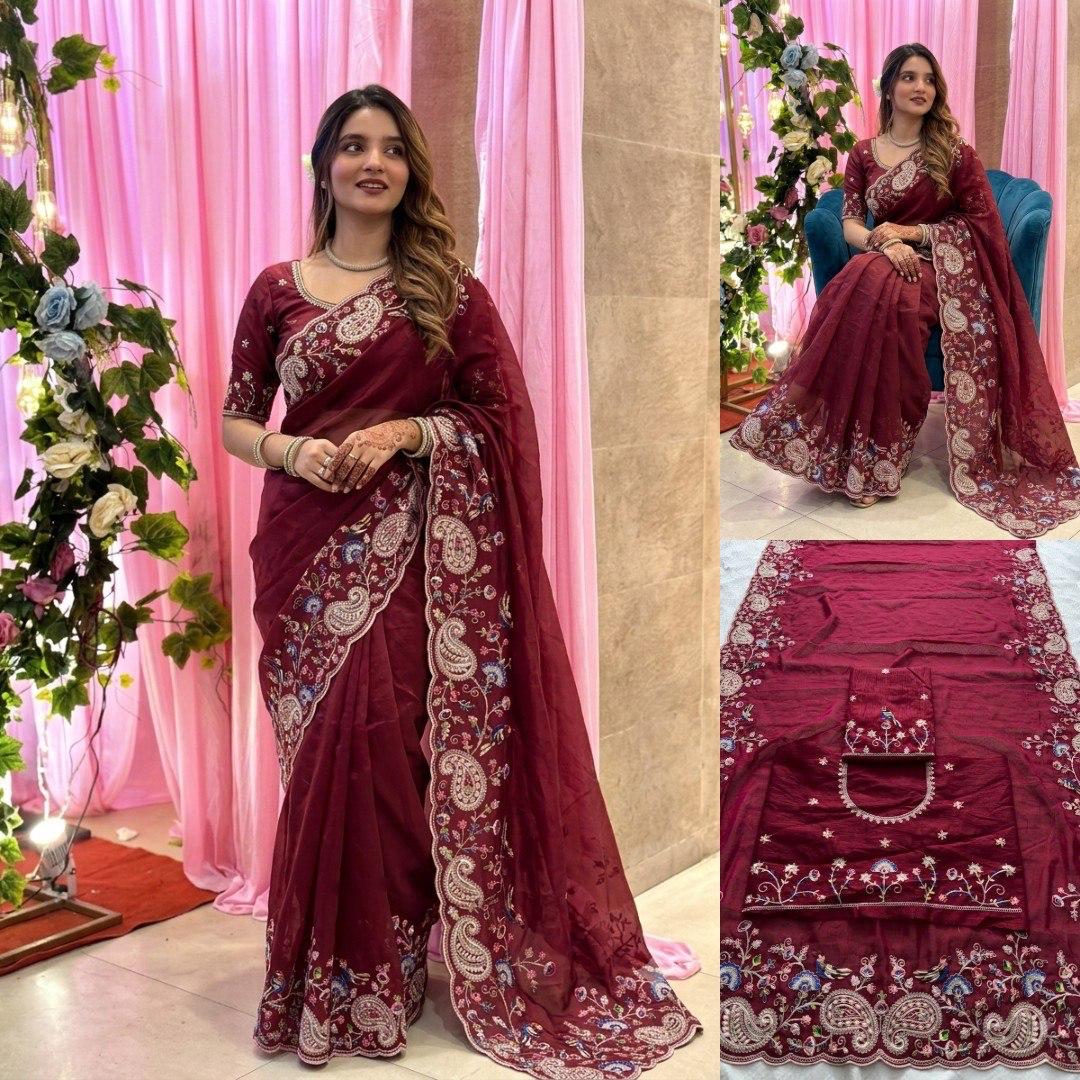 Party-wear Soft Tabby Silk Padding Embroidery Cutwork Saree