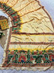 Beautiful Chinon Silk Digital Print With Bhandhani Zarkan Diamond Work Saree