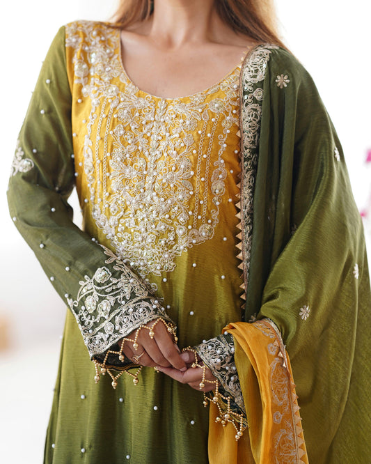 Beautiful Designer Chinon Silk Sequence With Rivet Moti Work Sharara
