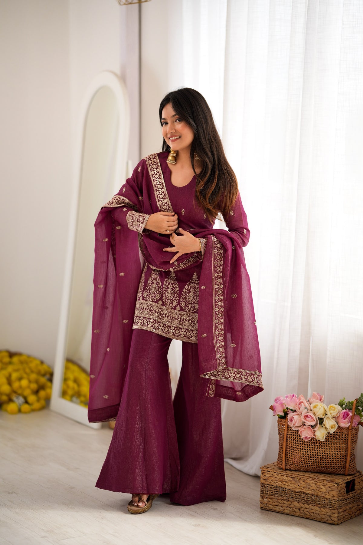 Party-wear Crunchy Silk Embroidery Sequence Work Sharara