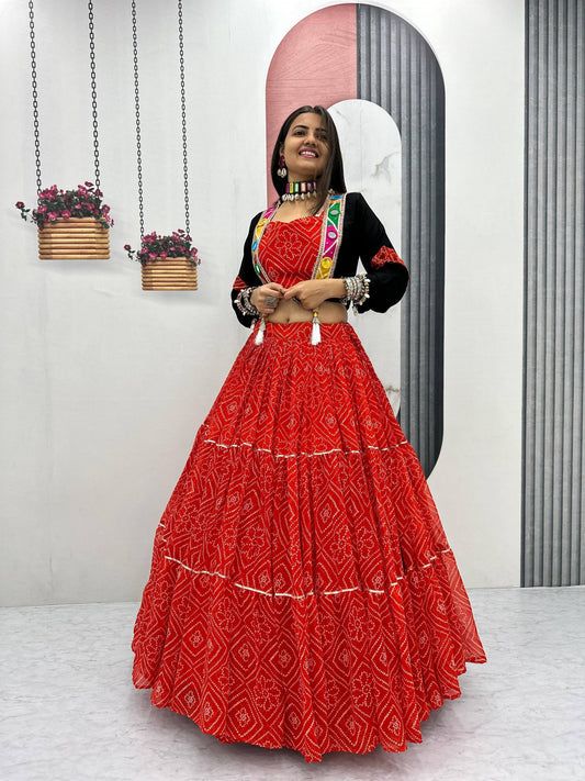 Beautiful Georgette Bandhej Big Flair Lehenga With Jacket