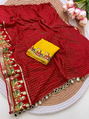 Karwachouth Special Golden Zari & Multicoloured Thread Work Saree