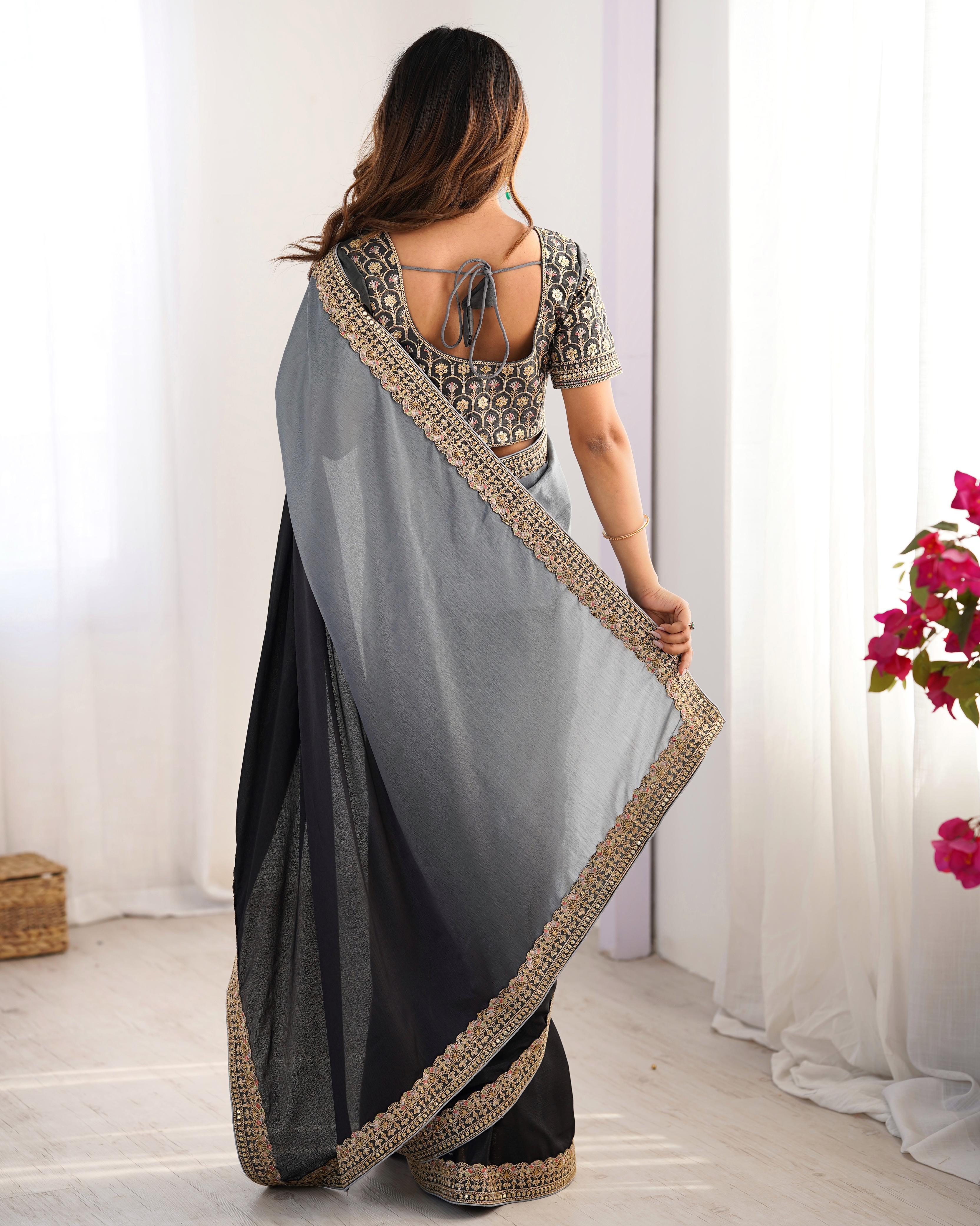 Beautiful Party-wear Chinon Silk Thread With Sequence Work Saree