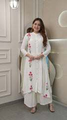 Stylish Rayon Embroidery Work Long Flair Kurti With Palazzo