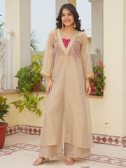 Designer Golden Tissue Salsa Embroidery Sequence Work Three Piece Kurta Set