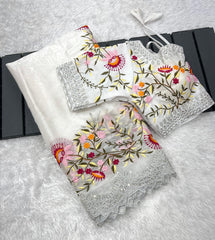 Beautiful Jimmy Choo Thread & Embroidery Work Designer Saree With Stitched Blouse