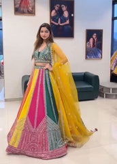Beautiful Multi Coloured Georgette Real Mirror Embroidery Work Lehenga Choli