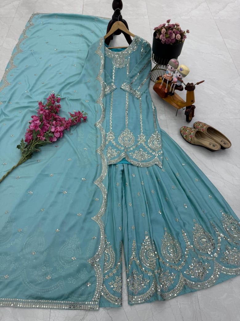 Party-Wear Designer Chinon Silk Codding Sequence & Embroidery Sharara