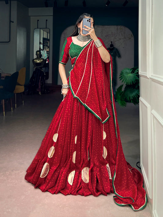 Navratri Nights Special Bandhej Print On Satin Chiffon Gotta Patch Work Lehenga With Stitched Choli