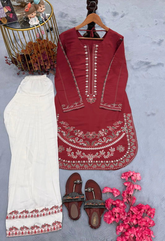 Party-wear Roman Silk With Embroidery Work Palazzo Set