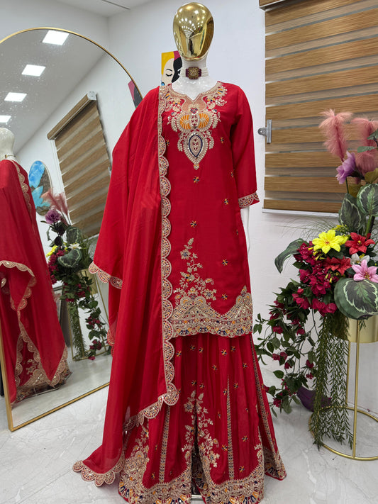 Designer Party-wear Chinon Silk Embroidery & Sequence Work Sharara Suit