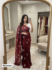 Beautiful Fendy Chiffon Silk Siroski & Val Moti Heart Cutwork Border Saree