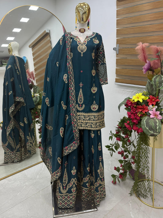 Party-wear Chinon Silk Embroidery Sequence Work Sharara