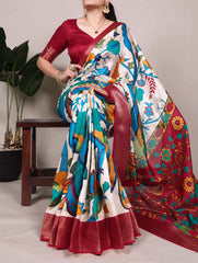 Beautiful Tussar Silk Printed With Zari Weaving Work Saree