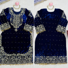 Partywear Viscose Velvet Cording Dori Embroidery with Sequin Work Suit