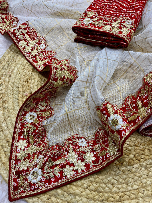 Beautiful Soft Kota Doriya Bandhej White Saree