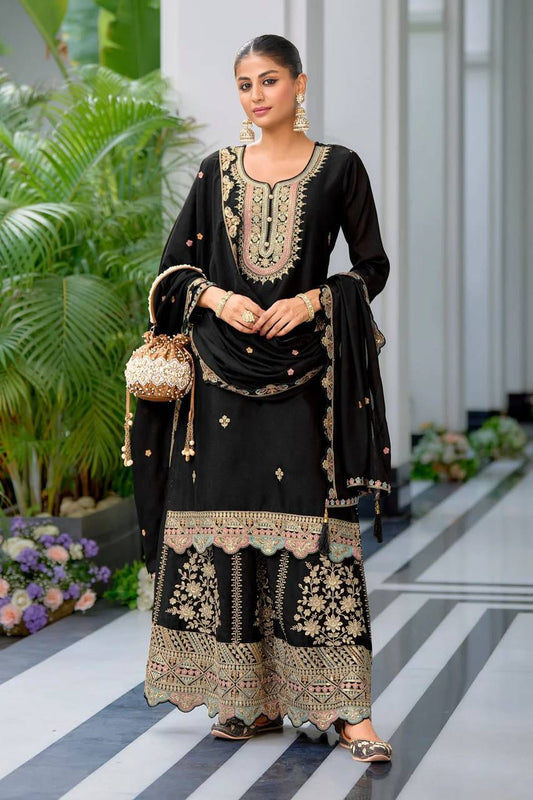 Party-wear Chinon Silk Sequence Embroidery Work Sharara
