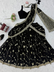 Trendy Black Georgette Thread Sequence Work Lehenga Saree