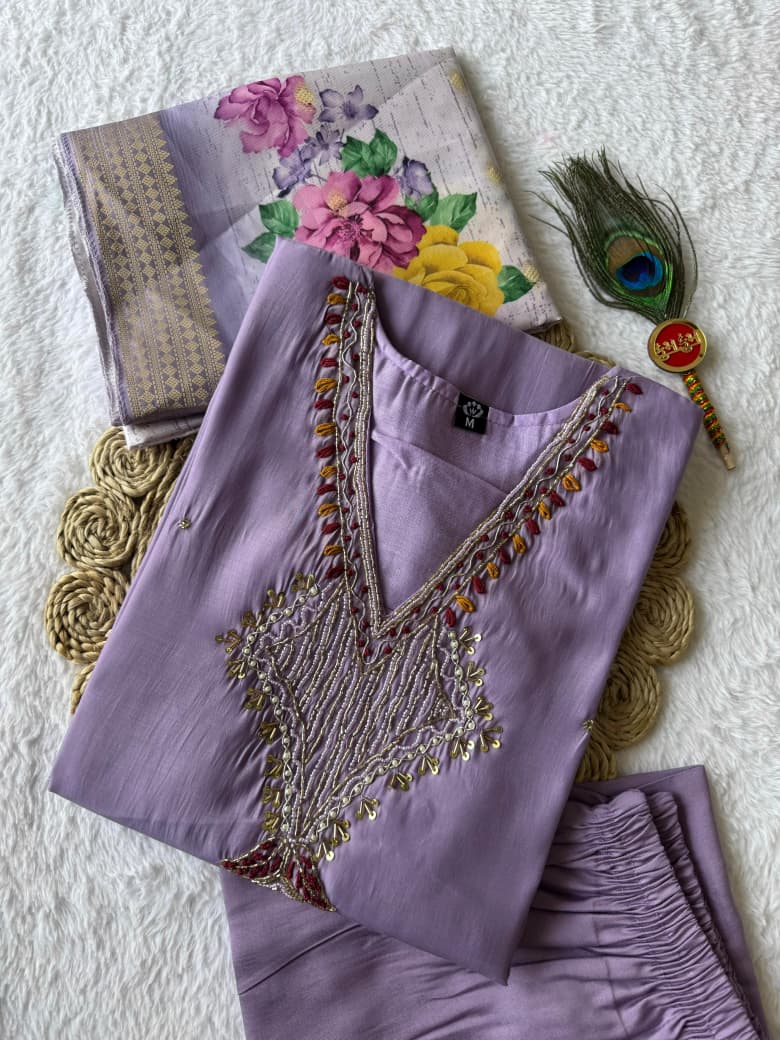 Beautiful Mul Chanderi Roam Silk Lavender Colour Suit Set