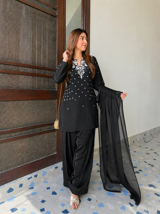 Party-wear French Crape Beads & Sequence Embroidery Work Salwar Suit