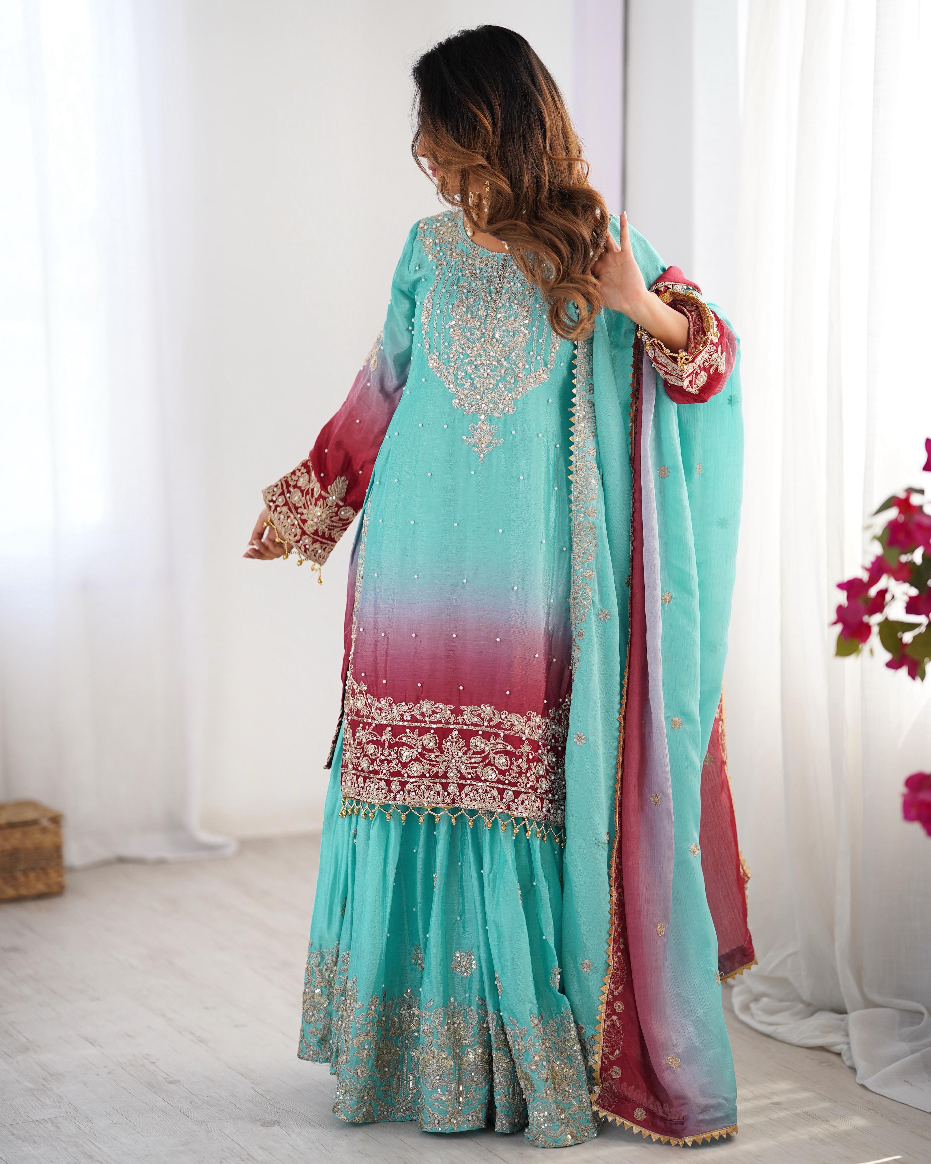Beautiful Designer Chinon Silk Sequence With Rivet Moti Work Sharara